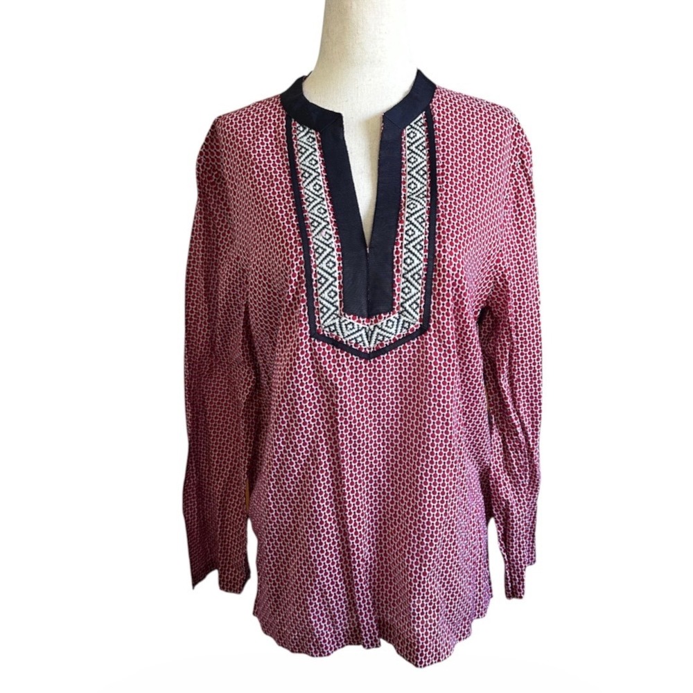 Talbots Womens Red Geometric Dot Split Neck Cotton Tunic Blouse Medium | 0198